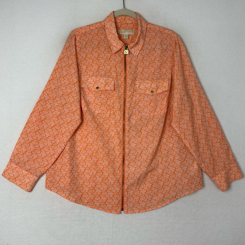 Michael Kors Orange Paisley Zip-Up Shirt